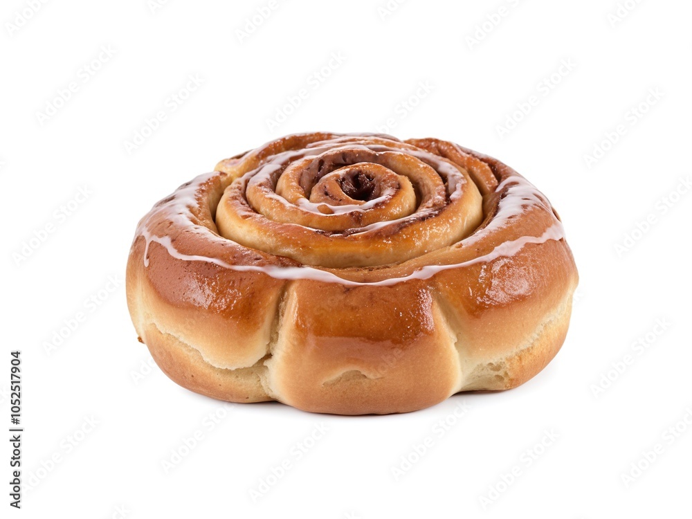Fototapeta premium Delicious Freshly Baked Cinnamon Roll with Drizzled White Icing on Pure White Background