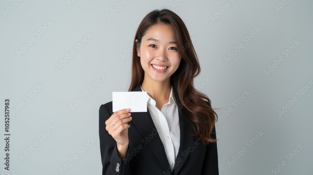 A young Asian businesswoman with long brown hair, wearing a black business suit and white blouse A young Asian businesswoman with long brown hair, wearing a black business suit and white blouse