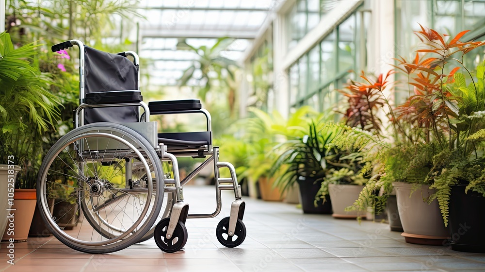 Fototapeta premium A hospital wheelchair peacefully positioned in a sunlit hallway abundant with lush green plants, promoting a sense of tranquility and healing.