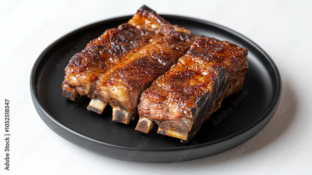 Seared block of meat on black plate with simple white background Seared block of meat on black plate with simple white background