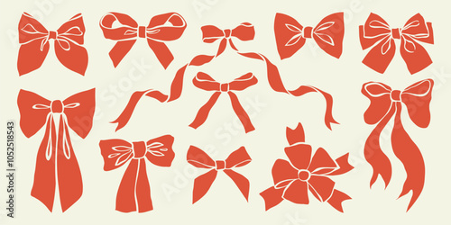 Hand drawn ribbon bows. Holiday ribbon bows for gift wrapping. Minimalist bowknot silhouette for birthday, Christmas, New Year, Valentine's Day decor, borders, frames, banners. Vector illustration.