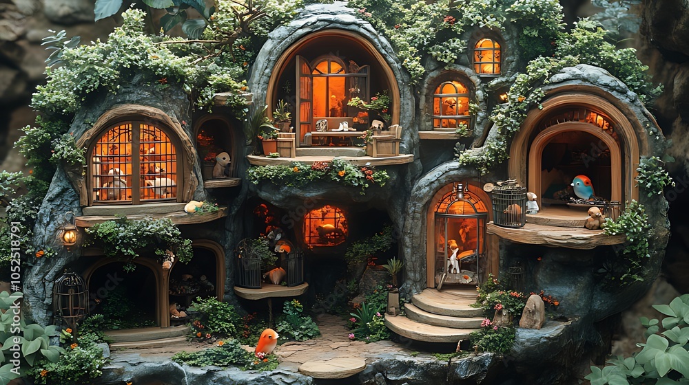 Fototapeta premium A miniature village nestled in a rock face, with detailed interiors, lit windows, and tiny residents.
