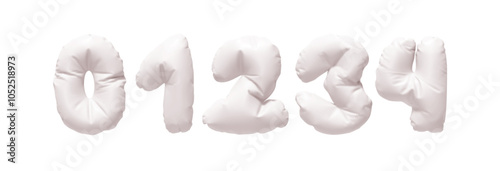 Collection of Inflated balloons numbers from 0 to 4 isolated on a white background. Realistic 3d design. Set of numbers made of rumpled latex material white color. Vector illustration