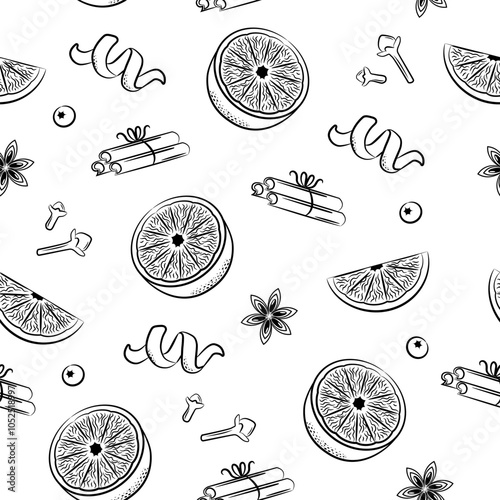 Ingredients for mulled wine. Orange, star anise, cinnamon, cloves. Seamless pattern on white background.