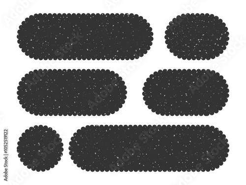 Vector black oval blank labels with wavy borders. Frame with scalloped Edges. Grain scratched Texture. Template for Badge, product tags, promo stickers, business branding