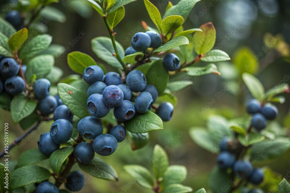 close-up photo of a branch of a blueberry bush with ripe blueberries close-up photo of a branch of a blueberry bush with ripe blueberries