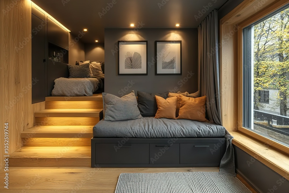 Cozy and modern studio apartment with a raised sleeping area and integrated storage solutions. Cozy and modern studio apartment with a raised sleeping area and integrated storage solutions.