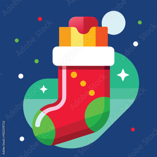 Red and green Christmas stocking with gift