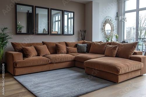 A modern living room with a large brown sectional sofa  a gray rug  and a trio of mirrors on a neutral wall.