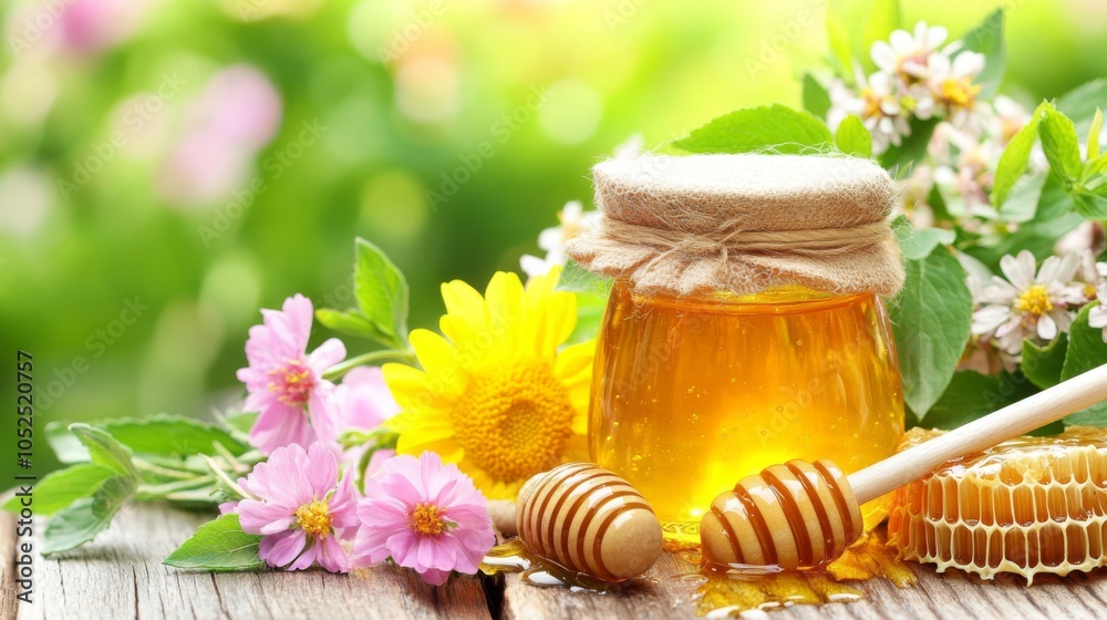 Fresh Honey with Flowers on Wooden Table Fresh Honey with Flowers on Wooden Table
