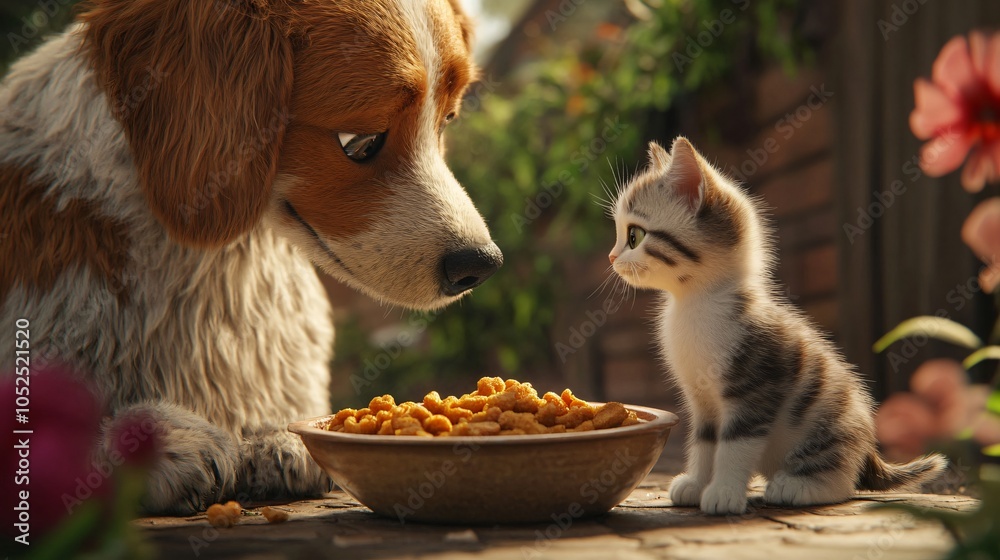 Dog and Cat Sharing a Meal in the Garden Dog and Cat Sharing a Meal in the Garden