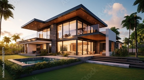 Modern two-story house with expansive glass walls, surrounded by lush greenery, evoking luxury and tranquility at sunset.
