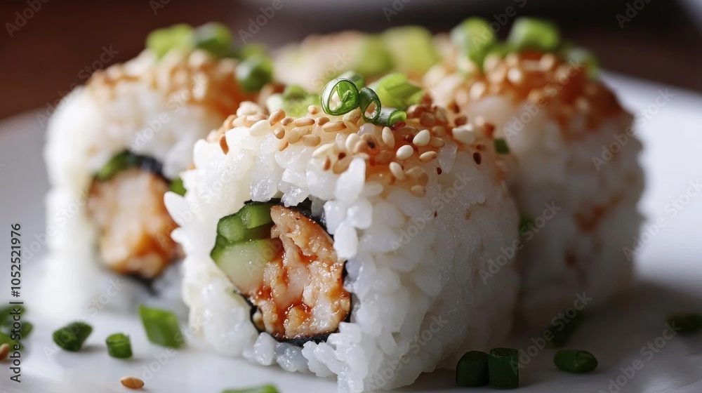 Delicious sushi rolls with fresh ingredients and toppings Delicious sushi rolls with fresh ingredients and toppings