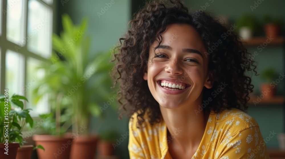 portrait of young woman with dark, curly hair laughing portrait of young woman with dark, curly hair laughing