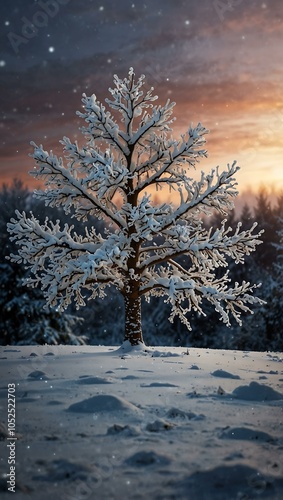 Magical snow-covered tree in a winter landscape with bokeh lights.