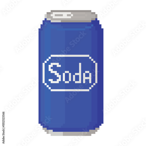 Pixel art blue soda Can. Icon with reflection on white background