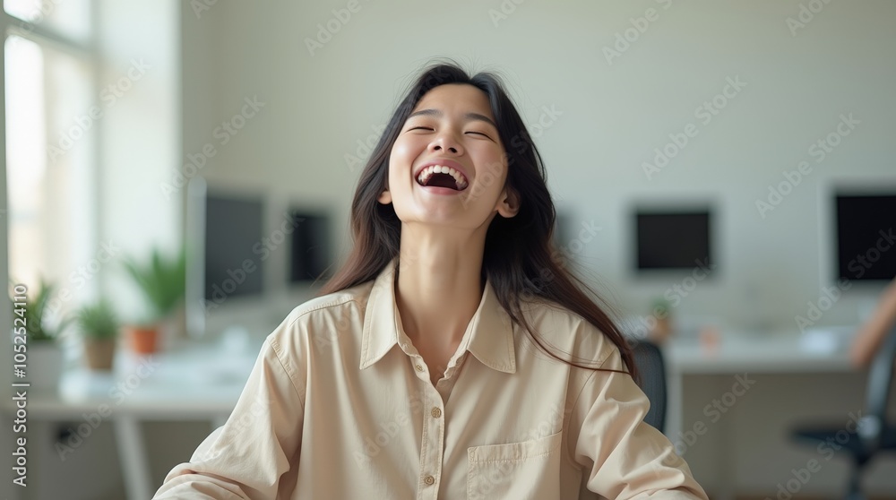 young asian woman with long dark hair laughing heartily, head tilted back young asian woman with long dark hair laughing heartily, head tilted back