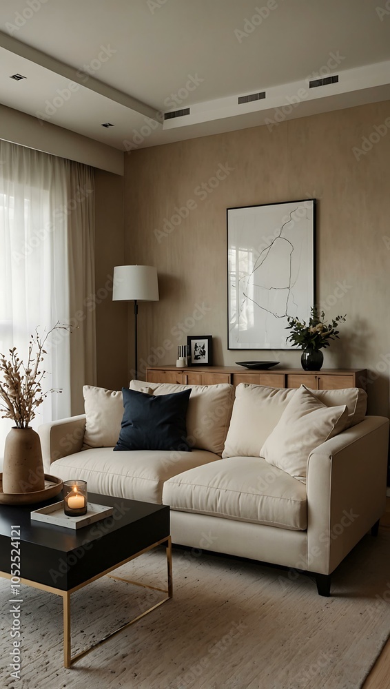 Minimalist living room design with a beige sofa. Minimalist living room design with a beige sofa.