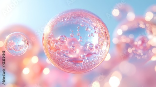 A Large Glass Sphere Filled with Bubbles Against a Pink and Blue Background