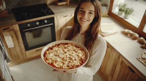 Smiling Woman Holding Homemade Pizza 