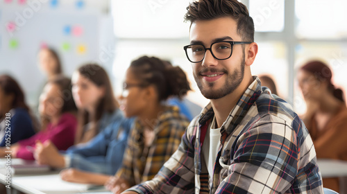 teacher teaching studen in classroom at university with white shades, png photo