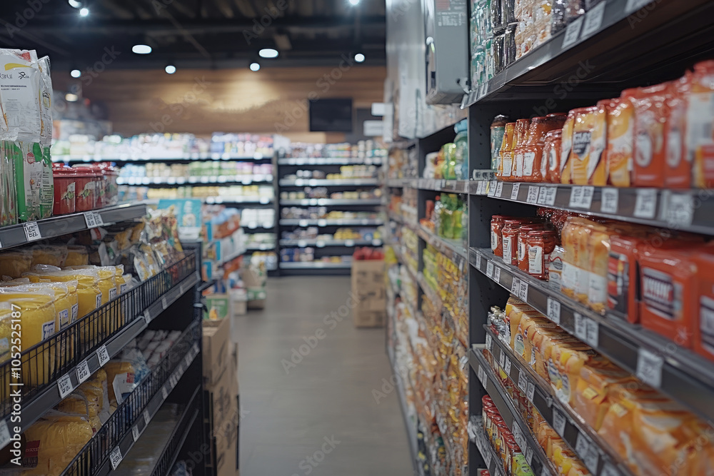 Aisle View of a Modern Grocery Store with Varied Packaged Goods and Snacks Aisle View of a Modern Grocery Store with Varied Packaged Goods and Snacks