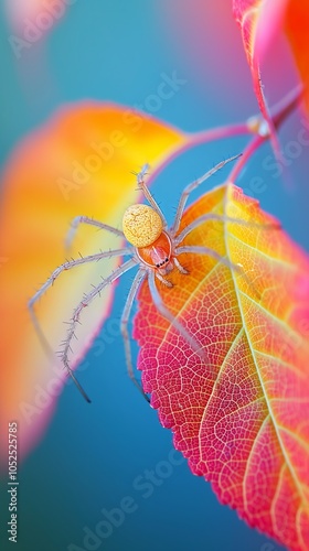 Vibrant spider on colorful autumn leaf in close-up nature shot photo