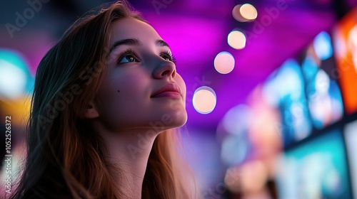 Young Woman Looking Up with Colorful Background