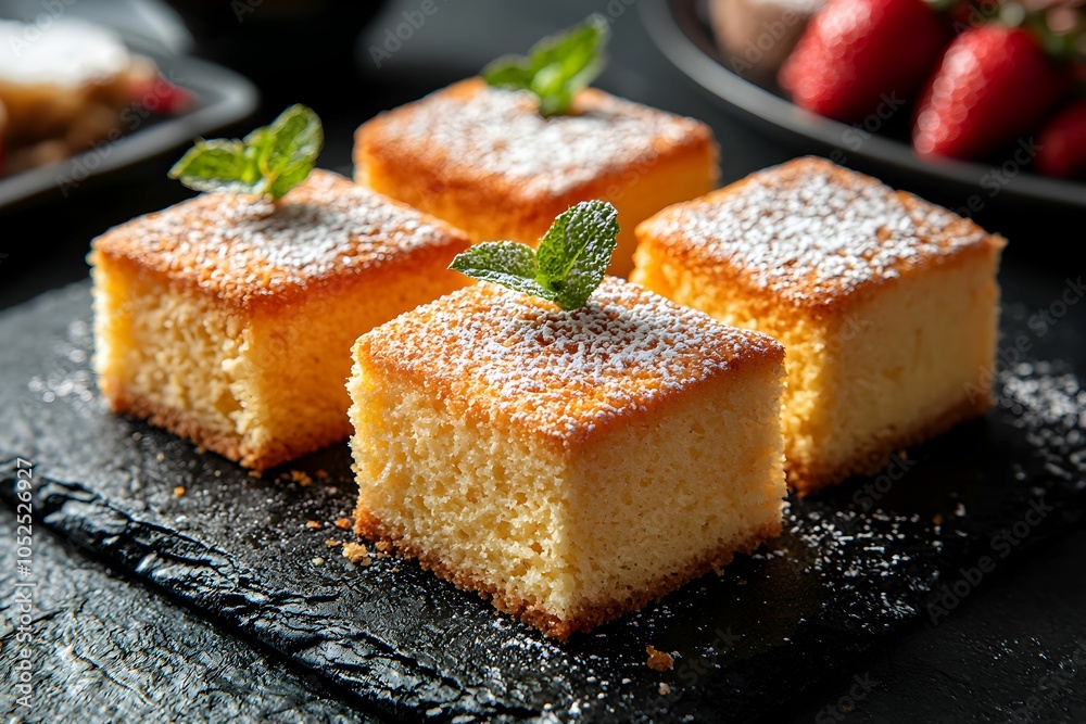 Deliciously baked squares of vanilla cake with mint garnish