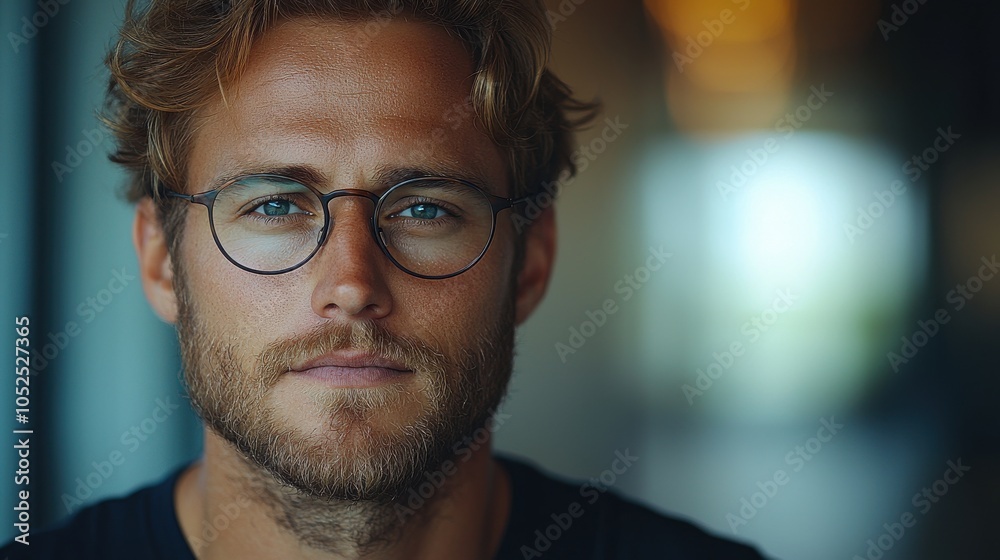 A young man with glasses poses confidently indoors, showcasing his thoughtful expression in soft natural light A young man with glasses poses confidently indoors, showcasing his thoughtful expression in soft natural light