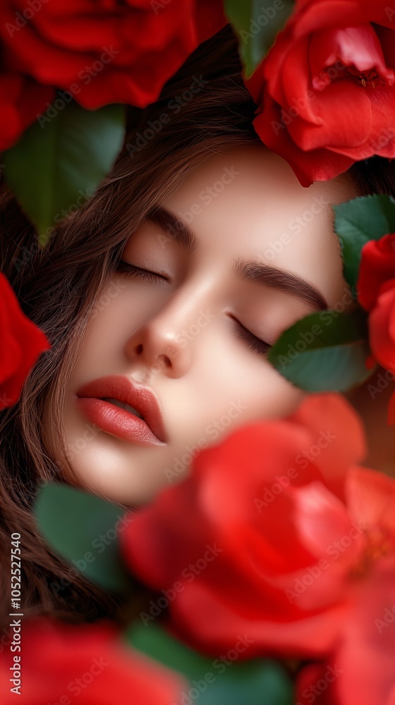 A young woman with long dark hair lies peacefully surrounded by red roses. A young woman with long dark hair lies peacefully surrounded by red roses.