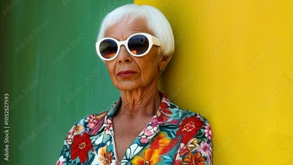Fashionable senior woman is posing against a vibrant green and yellow wall, wearing sunglasses and a colorful shirt Fashionable senior woman is posing against a vibrant green and yellow wall, wearing sunglasses and a colorful shirt