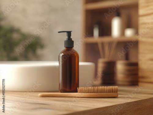 Aromatherapy Essentials - Natural Wooden Bathroom Shelf with Organic Shampoo photo