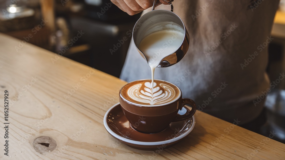 Barista Pouring Latte Art in Coffee Cup at Cafe Barista Pouring Latte Art in Coffee Cup at Cafe