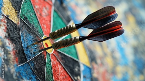 Close-Up of Two Darts Hitting Bullseye on Vibrant Dartboard