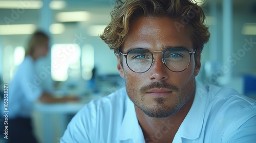 A young man with stylish glasses poses confidently in a modern office during daylight hours, showcasing a relaxed and professional demeanor