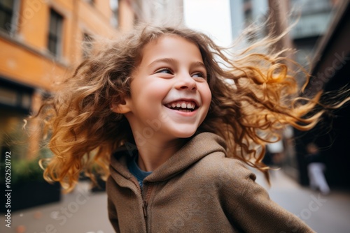 Portrait of a smiling little girl with flying hair in the city