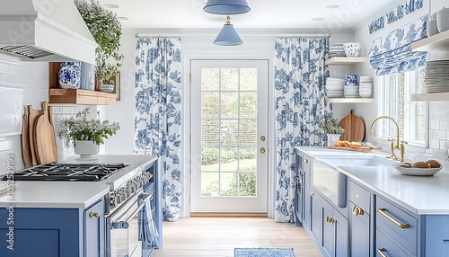 Create a photo of a blue and white farmhouse style kitchen in a bungalow one-story. The kitchen has a back door that opens onto a large garden. It includes a central kitchen island, white and blue app