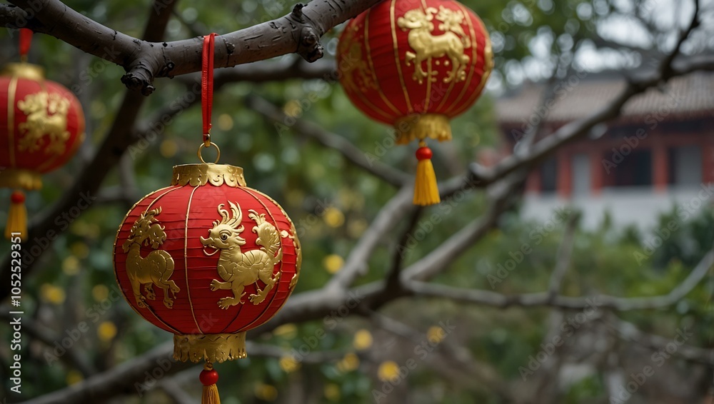 Obraz premium Red and gold decorations for the Chinese New Year hanging from a branch.
