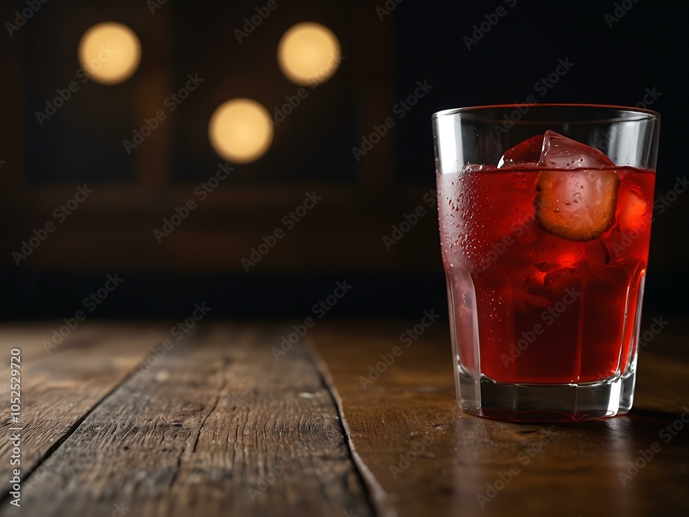 Red drink on wooden table with moody lighting Red drink on wooden table with moody lighting