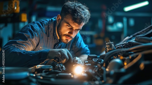 A side angle shot of the technician using a flashlight to check for oil leaks in the engine bay, surrounded by various automotive tools, showcasing the attention to detail in their work