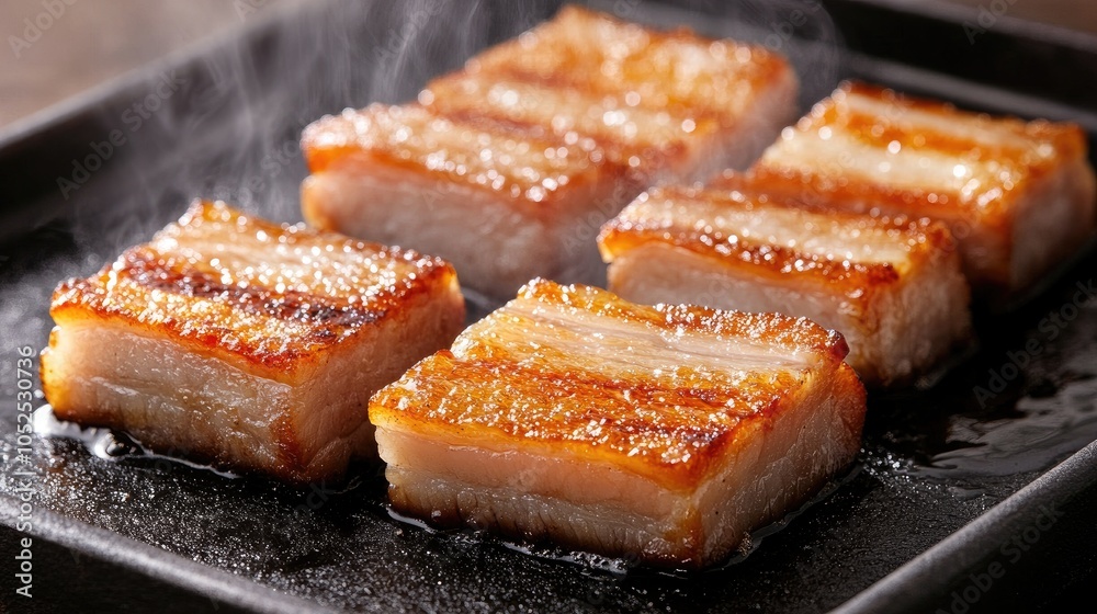 Crispy Pork Belly on a Black Plate Crispy Pork Belly on a Black Plate