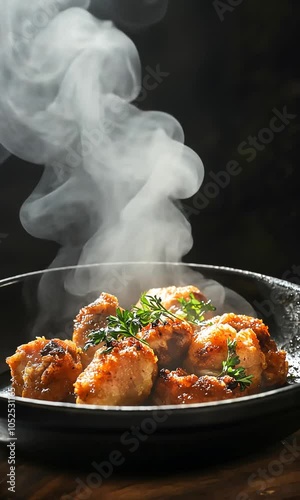 Slow motion VDO of  Sizzling Chicken Tikka in Cast Iron Pan 