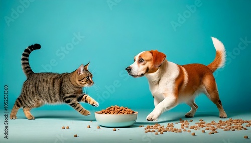 Un chien et un chat qui s'élancent vers une gamelle de croquettes 