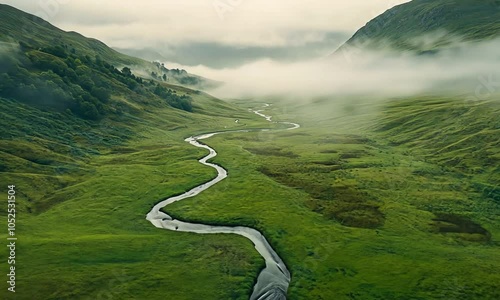 Slow motion VDO of Drone perspective of a lush green valley with rivers weaving through, early morning fog , Tranquil nature scene with misty light for a serene, captivating feel
