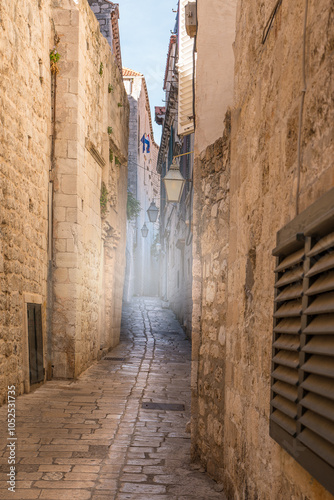 Fototapeta Naklejka Na Ścianę i Meble -  Narrow street in the old medieval town of mediterranean country full of green flowers