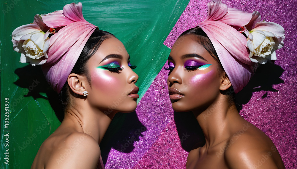 Obraz premium Two Women in Vibrant Artistic Beauty Portrait with Floral Headpieces and Glitter