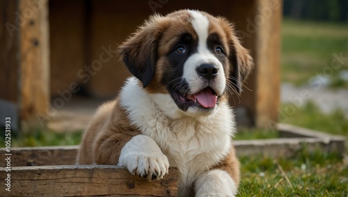 Saint Bernard puppy playing at a kennel in the Alps.