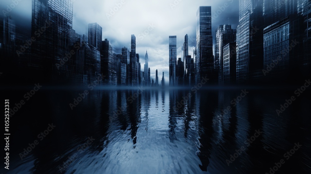 A dark, moody urban landscape reflected in water, showcasing towering skyscrapers against a misty sky. A dark, moody urban landscape reflected in water, showcasing towering skyscrapers against a misty sky.