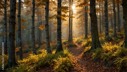 Scenic autumn forest with a golden glow.